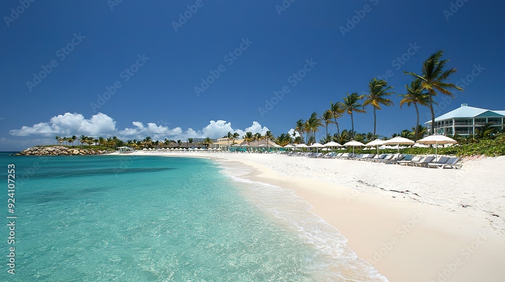 A beach with lounge chairs, umbrellas, and palm trees on either side of the shore A beach with lounge chairs, umbrellas, and palm trees on either side of the shore