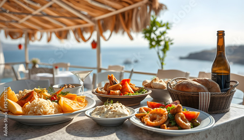 Typical Greek dishes served on a Greek tavern table with the Aegean Sea in the background and bright summer day in the south of Crete isolated with white highlights, png photo