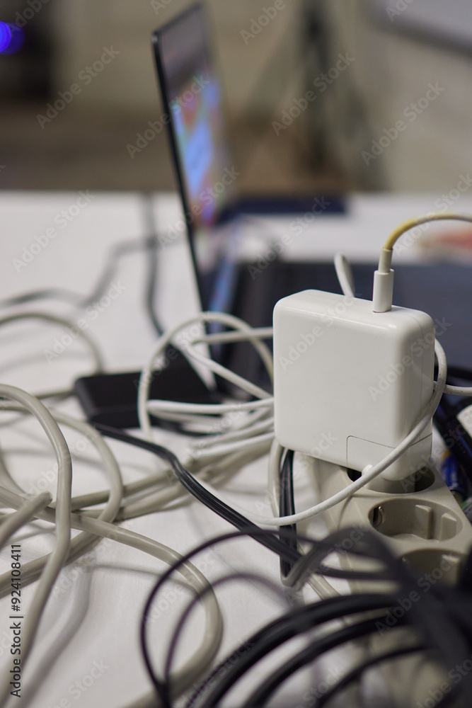 A Messy Arrangement of Tangled Cables and Chargers on a Surface or Busy Desktop Area A Messy Arrangement of Tangled Cables and Chargers on a Surface or Busy Desktop Area