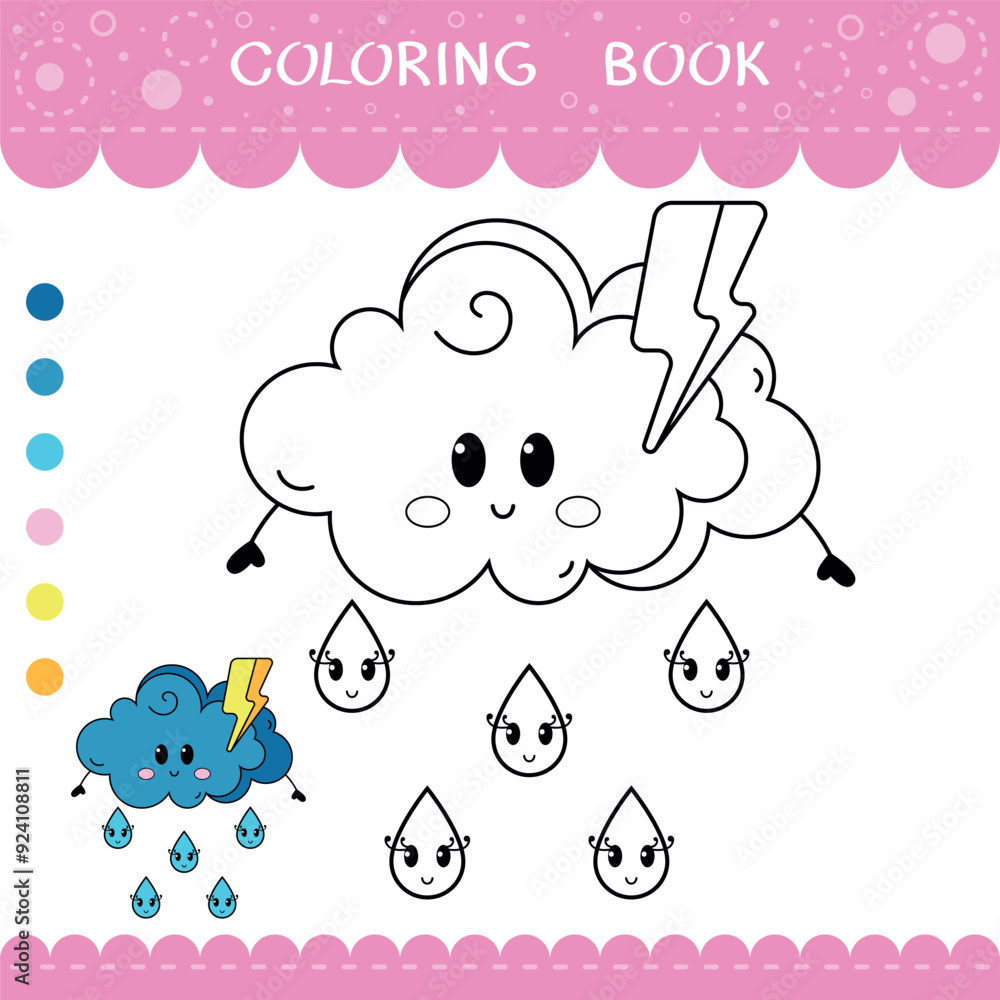Simple educational game for kids. Vector worksheet with thunder cloud for coloring book Simple educational game for kids. Vector worksheet with thunder cloud for coloring book