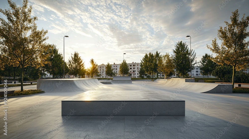 Naklejka premium skating skate park skatepark design skateboard skateboarding empty concrete - stock image