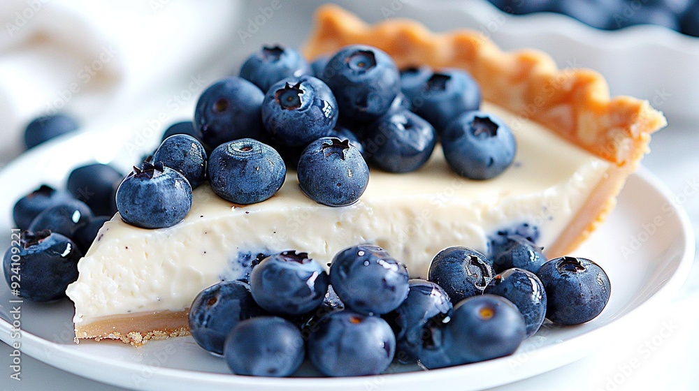 A blueberry-topped cheesecake sits on a white plate next to a mound of blueberries A blueberry-topped cheesecake sits on a white plate next to a mound of blueberries