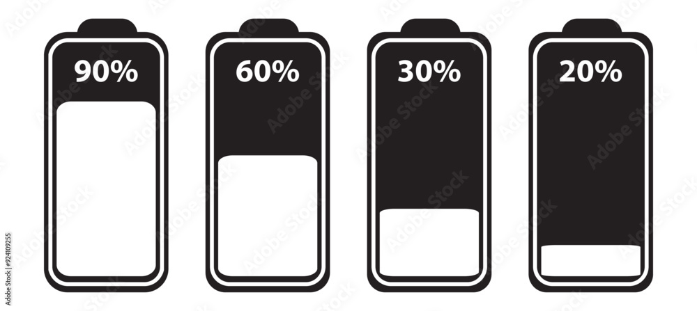 Battery charge many color flat icons. Battery charging, charge indicator. Vector battery power icon powerfully charged. Vector illustration Battery charge many color flat icons. Battery charging, charge indicator. Vector battery power icon powerfully charged. Vector illustration