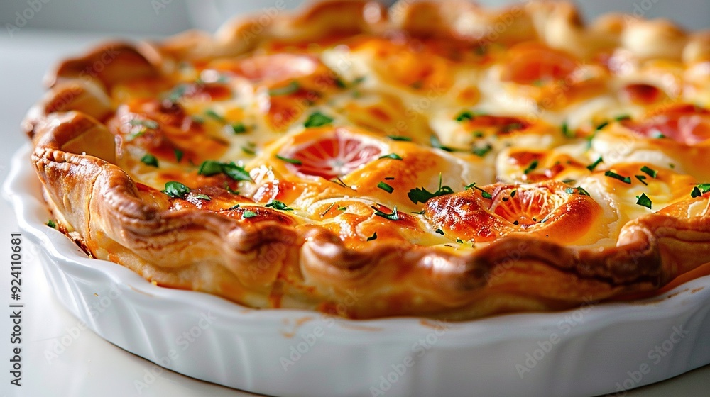 A close-up of a pie with toppings on a white plate resting on a white tablecloth A close-up of a pie with toppings on a white plate resting on a white tablecloth