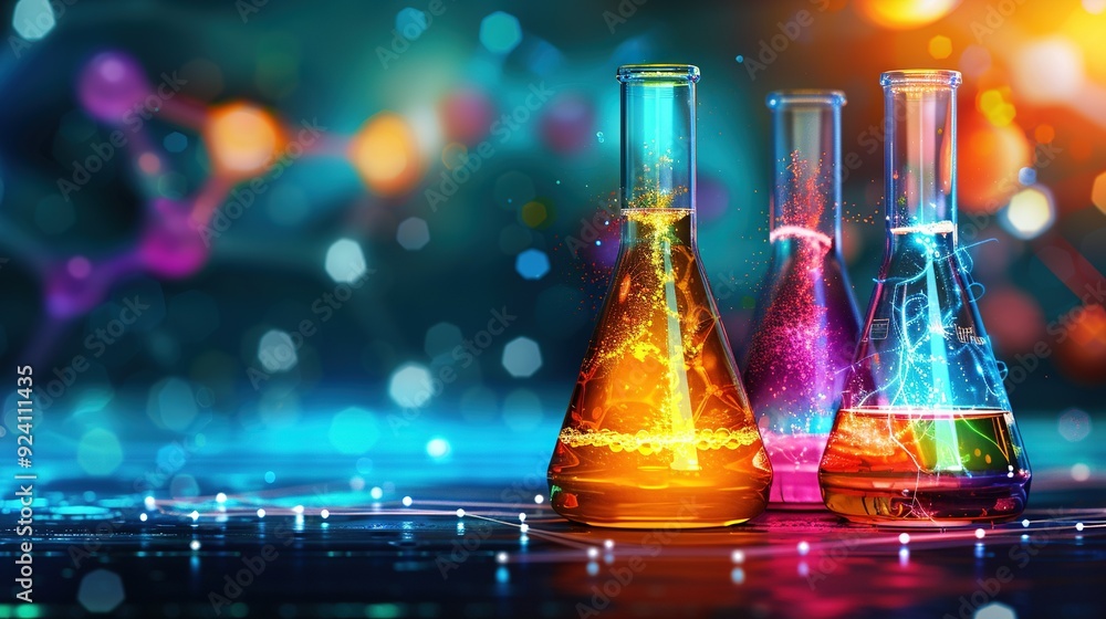 Three Flasks with Liquid on a Blue-Purple Table with Light Background Three Flasks with Liquid on a Blue-Purple Table with Light Background