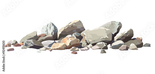 Scattered pile of mossy stones on the floor, 3D rendering group of stones on transparent background PNG, vector illustration ground stones, moss-covered rocks heap, natural stone pile PNG