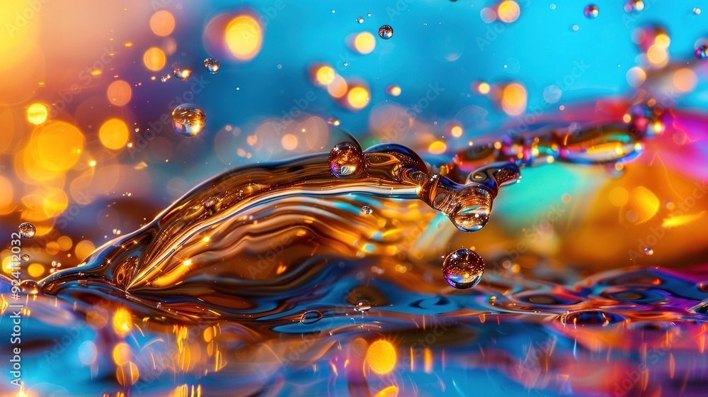 A detailed image of a blue and yellow background with a droplet of water atop, showcasing drops falling from both sides A detailed image of a blue and yellow background with a droplet of water atop, showcasing drops falling from both sides