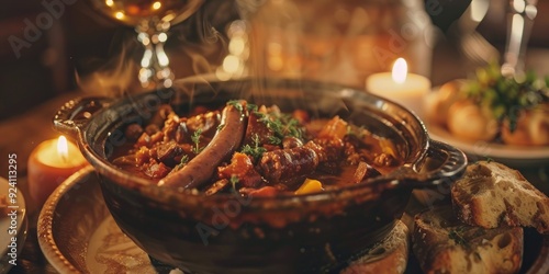 Viennese goulash with two sausages served on a table photo