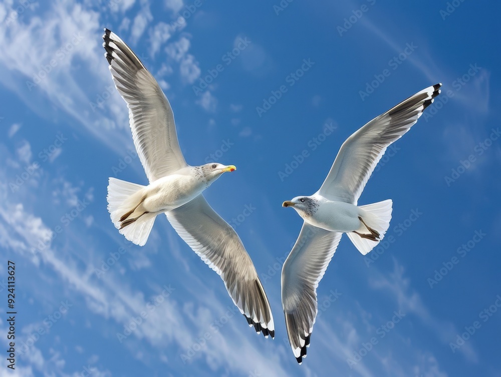 Obraz premium Two seagulls soaring in a bright blue sky with scattered clouds over the ocean