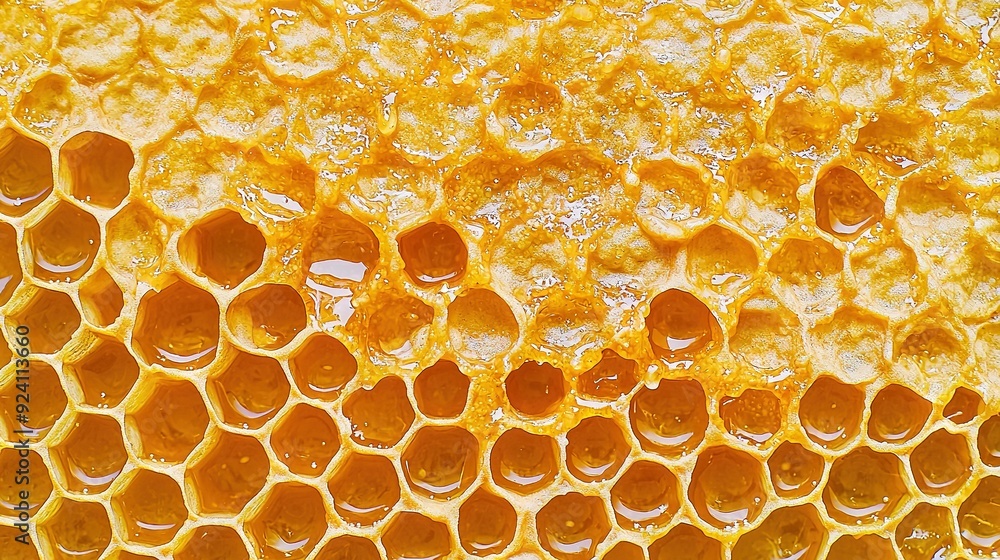 A close-up of a honeycomb with water droplets on both sides A close-up of a honeycomb with water droplets on both sides