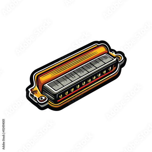 Illustration of a harmonica with black outline, yellow and red accents.