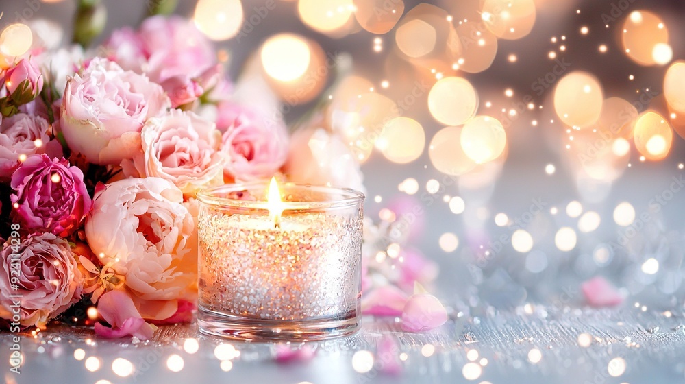 A close-up of a candle with a bouquet of flowers in the foreground and a book of lights in the background A close-up of a candle with a bouquet of flowers in the foreground and a book of lights in the background