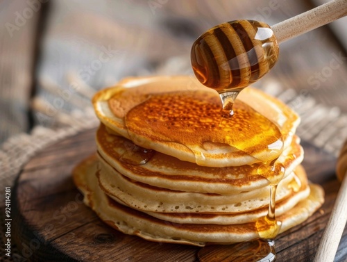 Stack of fluffy pancakes drizzled with honey on a rustic wooden table with yellow flowers and coffee in the background