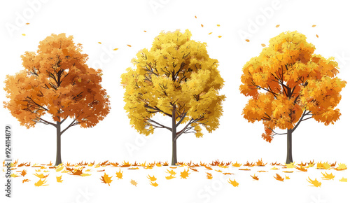 Vibrant autumn trees with yellow and orange leaves, beautiful autumn landscape, colorful foliage, autumn trees with colorful leaves, 3D rendering transparent background PNG, autumn foliage in vibrant 