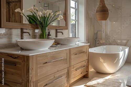 Modern White Bathroom Design with Freestanding Bathtub. Light shine through from a side. Created with Generative AI
