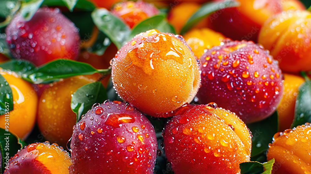 A cluster of oranges with droplets of water dripping from them and green foliage surrounding them at the top and bottom A cluster of oranges with droplets of water dripping from them and green foliage surrounding them at the top and bottom