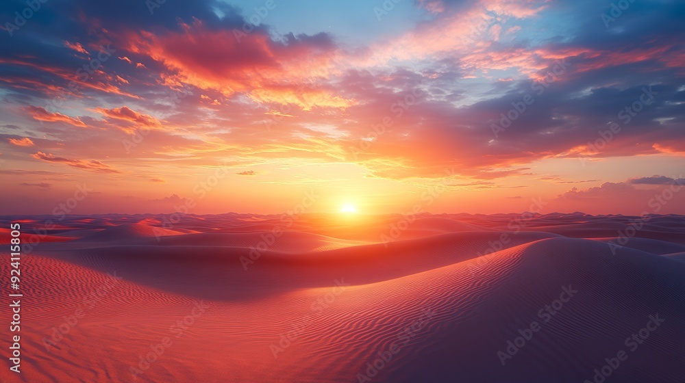Desert wilderness with rolling dunes illuminated by a stunning sunset wallpaper