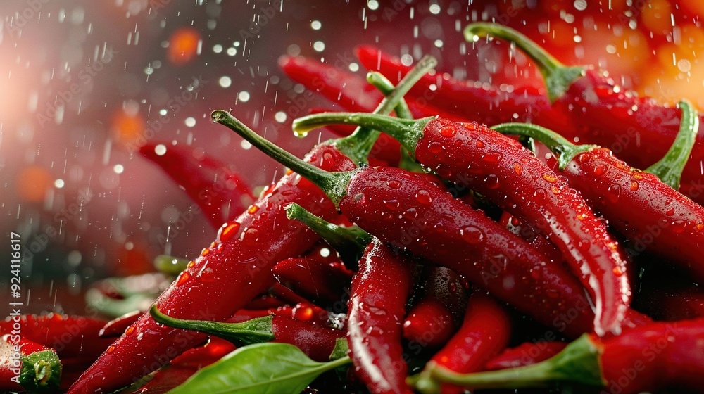 Red-hot pepper piles on wet table under rain Red-hot pepper piles on wet table under rain