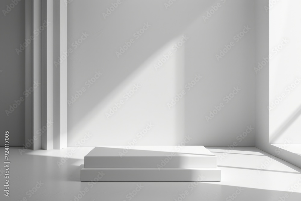 A white platform in a minimalist room with a window allowing sunlight to stream in A white platform in a minimalist room with a window allowing sunlight to stream in