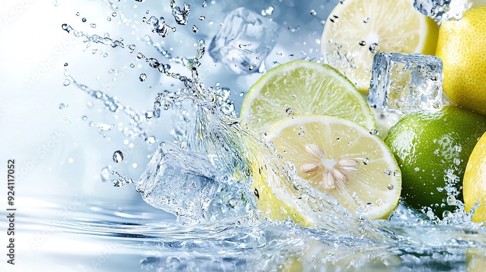 A bunch of lemons and limes splash into the water with ice cubes on the side A bunch of lemons and limes splash into the water with ice cubes on the side