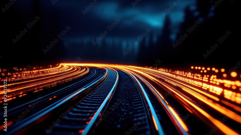 Mesmerizing night view of glowing railway tracks curving through a dense forest, creating a surreal and magical atmosphere. Mesmerizing night view of glowing railway tracks curving through a dense forest, creating a surreal and magical atmosphere.