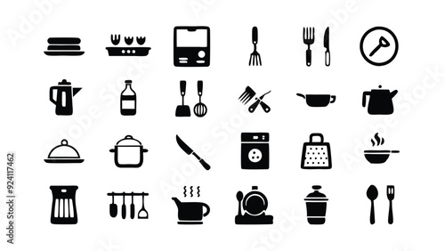 Set of flat kitchen icons, including cooking utensils, dishes, and cutlery.