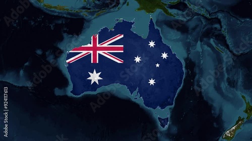  Zoom from Earth to Australia. World map flag animation with highlighted borders of countries. Images from NASA