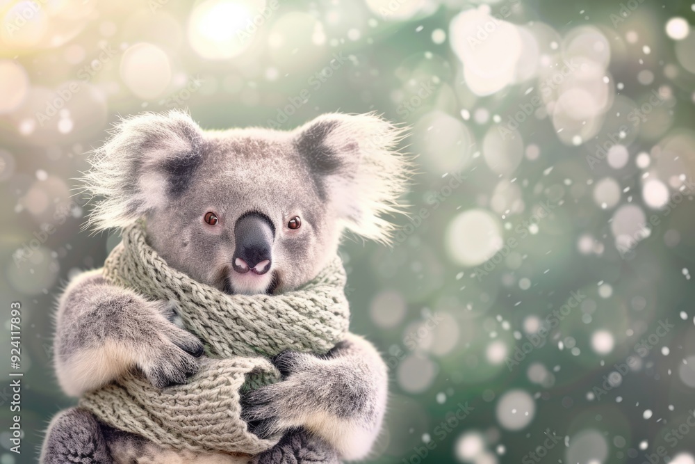 Obraz premium A koala bundled up in a cozy scarf looks directly at the camera against a backdrop of soft, blurry lights and a gentle snowfall