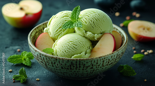 Pour un dessert délicieux, dégustez un scoop de crème glacée à la menthe, avec des fruits frais et un soupçon de chocolat, un régal froid et sain. photo