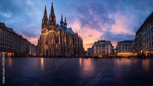 Gothic cathedral at twilight, its towering spires silhouetted against the fading light