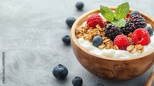 Fototapeta Naklejka Na Ścianę i Meble -  Breakfast setup with yogurt, granola, and mixed fruits in a wooden bowl, soft daylight, clean and inviting presentation, focus on freshness.