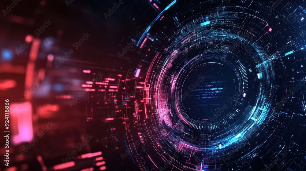 Fototapeta premium High-tech digital interface background with circular and linear elements in vivid blue and red colors, perfect for futuristic concepts.