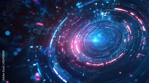 Futuristic digital technology interface with glowing blue and pink lights, representing cyber technology and data innovation.