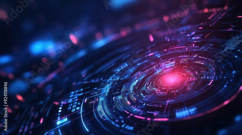 Futuristic digital technology representation with bright lights and intricate circuit patterns. Perfect for tech-themed backgrounds.