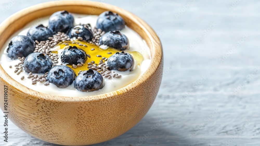 Greek yogurt with honey drizzle, blueberries, and chia seeds, wooden bowl, close-up shot, soft natural light, healthy and nutritious breakfast. Greek yogurt with honey drizzle, blueberries, and chia seeds, wooden bowl, close-up shot, soft natural light, healthy and nutritious breakfast.