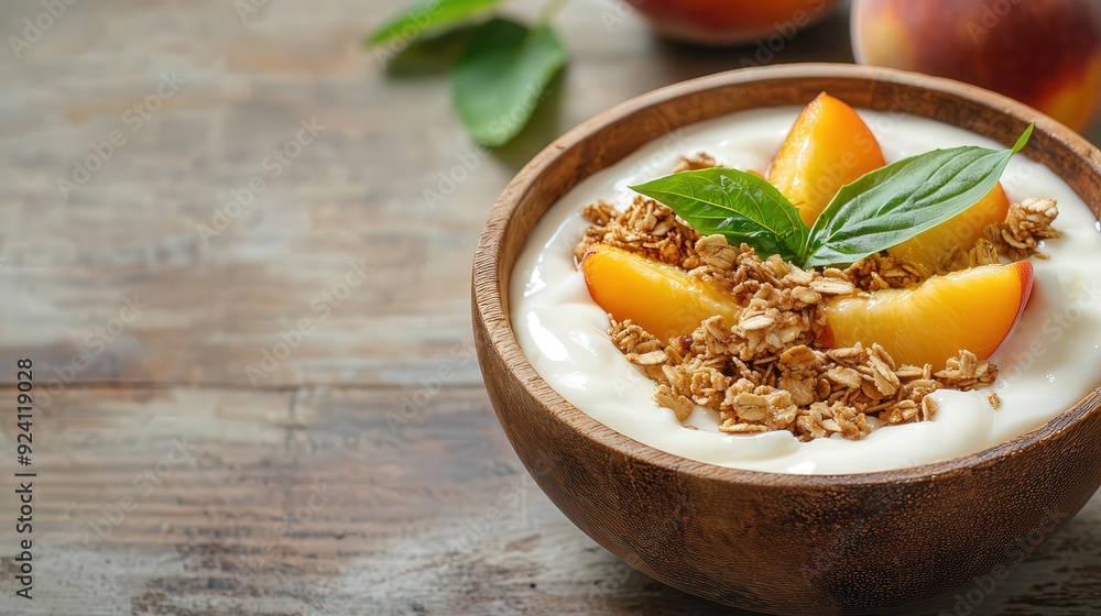 Rustic wooden bowl with yogurt, sliced peaches, and almond granola, soft morning light, cozy and inviting breakfast setup, focus on texture. Rustic wooden bowl with yogurt, sliced peaches, and almond granola, soft morning light, cozy and inviting breakfast setup, focus on texture.