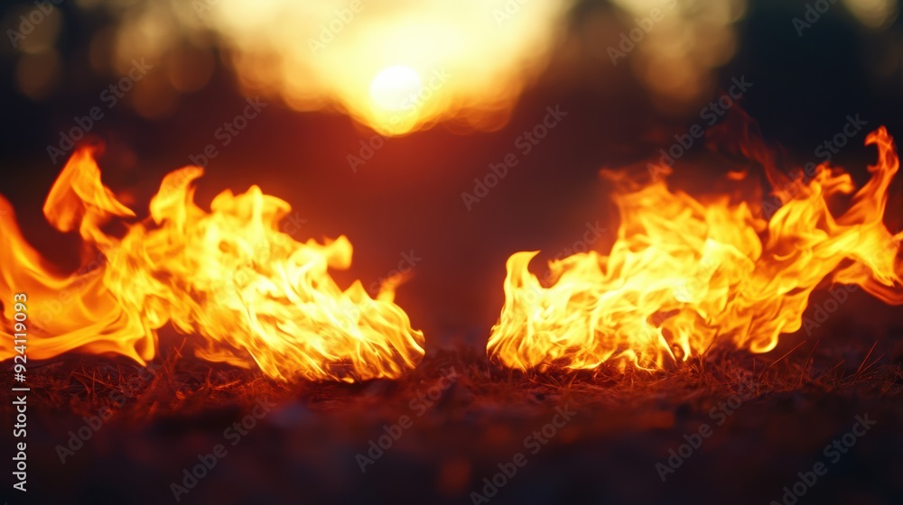 Bright flames of a fire burning outdoors at sunset, creating a warm and dramatic visual effect with glowing embers. Bright flames of a fire burning outdoors at sunset, creating a warm and dramatic visual effect with glowing embers.