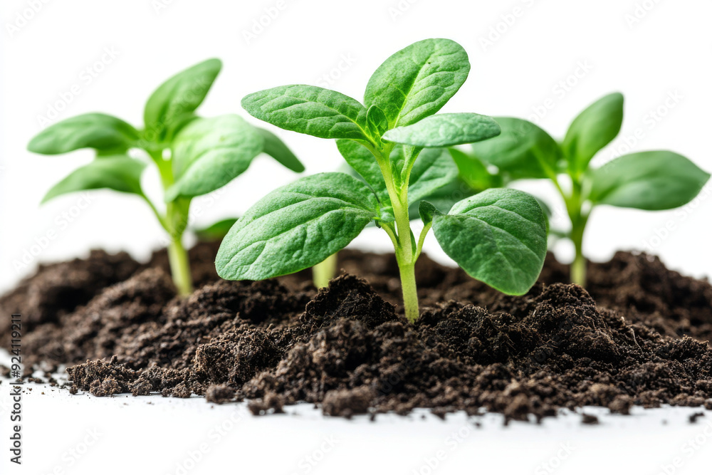 A green sprout grows from the soil isolated on a white background, with no shadow under the plant. A green sprout grows from the soil isolated on a white background, with no shadow under the plant.