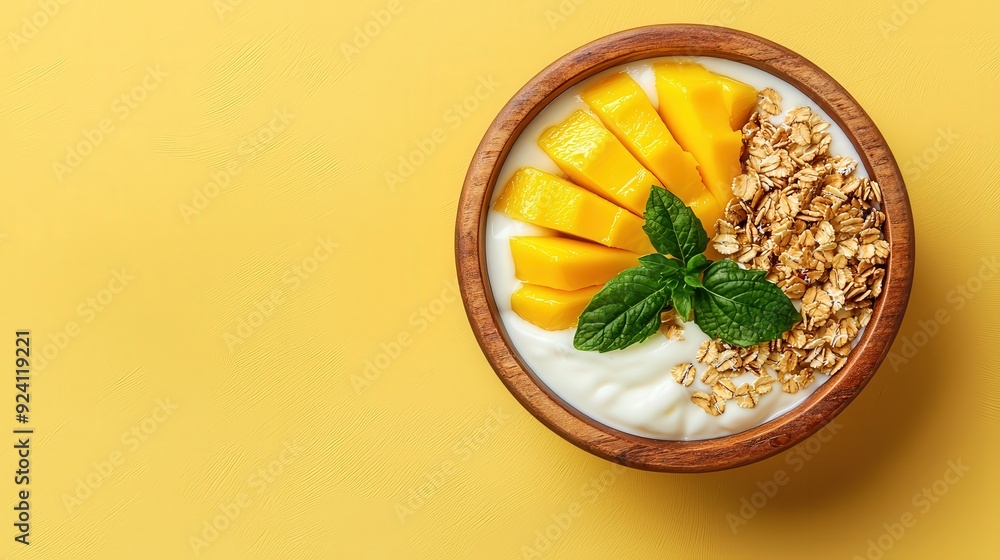 Minimalist setup with yogurt, granola, and fresh mango slices in a wooden bowl, soft daylight, focus on vibrant colors and textures, tropical freshness. Minimalist setup with yogurt, granola, and fresh mango slices in a wooden bowl, soft daylight, focus on vibrant colors and textures, tropical freshness.