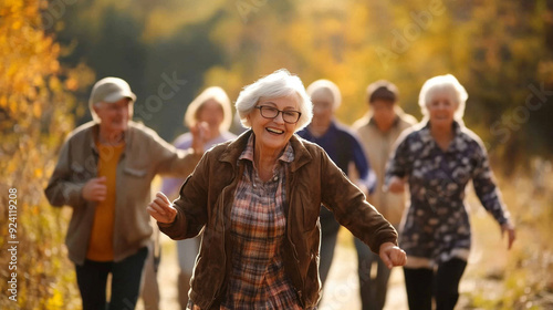 Group of elderly people enjoying an outdoor hike in autumn. Active aging and outdoor adventure concept