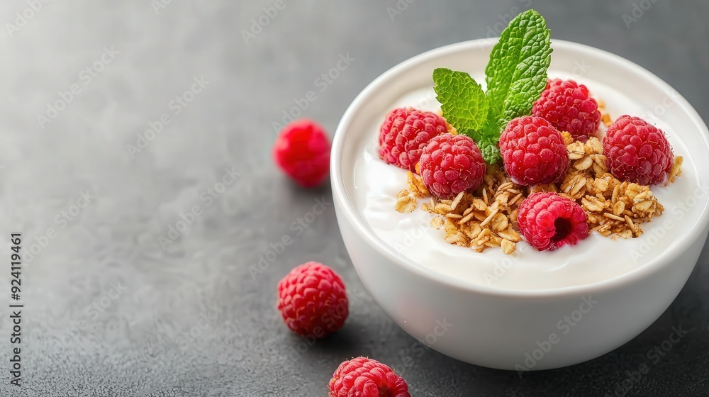 Yogurt bowl with fresh raspberries, granola, and a mint leaf garnish, warm tones, high-angle shot, minimalist background, focus on freshness. Yogurt bowl with fresh raspberries, granola, and a mint leaf garnish, warm tones, high-angle shot, minimalist background, focus on freshness.