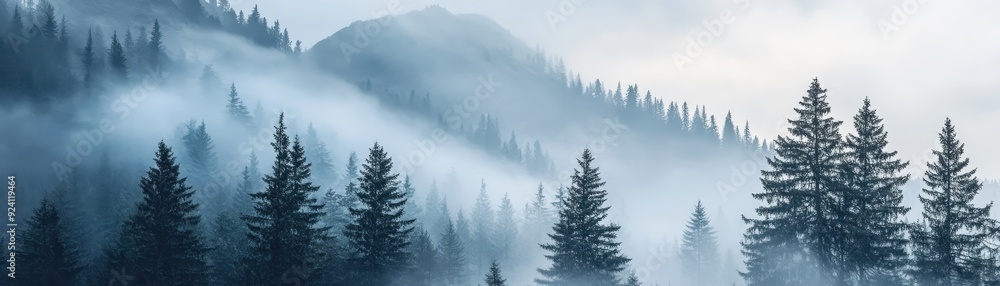 Serene foggy mountain landscape with pine trees covered in mist, creating a peaceful and tranquil natural scene in cool tones. Serene foggy mountain landscape with pine trees covered in mist, creating a peaceful and tranquil natural scene in cool tones.