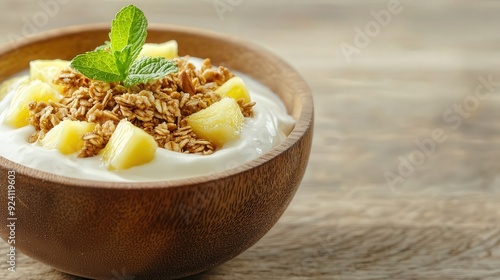 Wooden bowl filled with yogurt, chopped pineapple, and granola, soft light, focus on tropical freshness, clean and inviting presentation, healthy breakfast14080249 01 Wooden bowl filled with creamy
