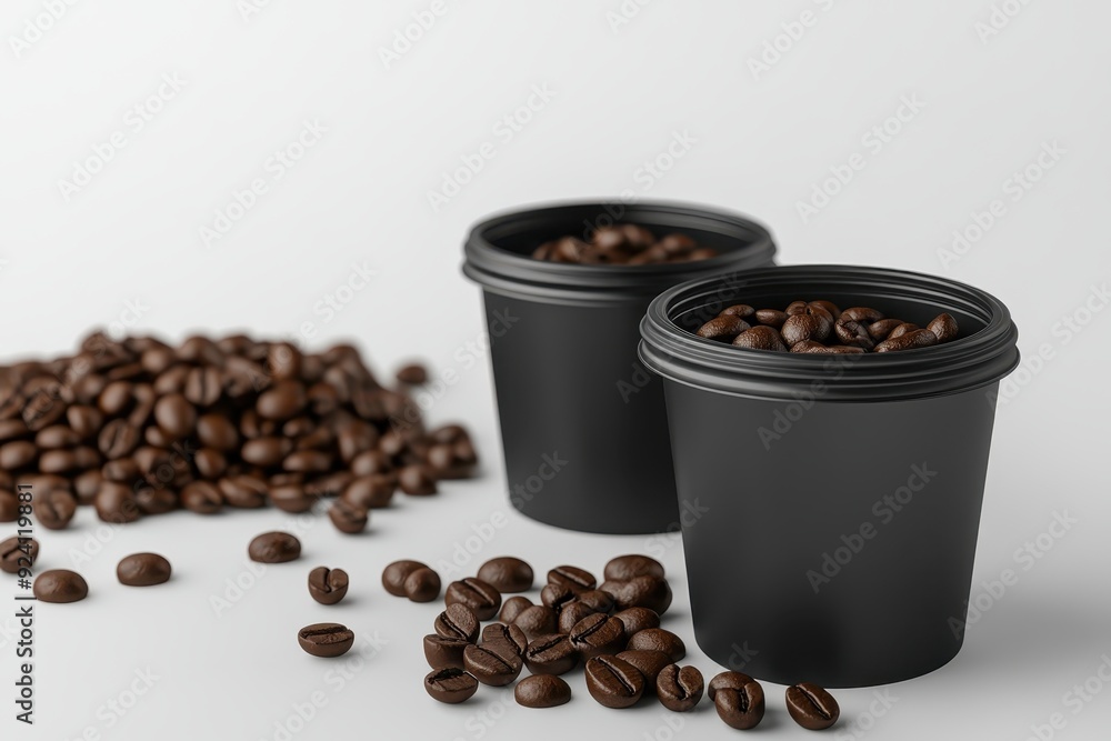 Two black coffee cups filled with roasted coffee beans on white background, perfect for coffee lover, cafe menu, or barista training materials. Two black coffee cups filled with roasted coffee beans on white background, perfect for coffee lover, cafe menu, or barista training materials.