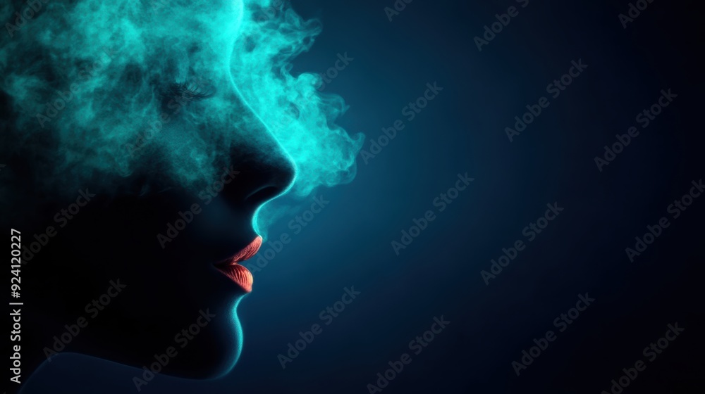 Silhouetted face with smoke, vibrant lips. Ethereal and artistic lighting. Conceptual photo with a mysterious and dreamy atmosphere. Silhouetted face with smoke, vibrant lips. Ethereal and artistic lighting. Conceptual photo with a mysterious and dreamy atmosphere.