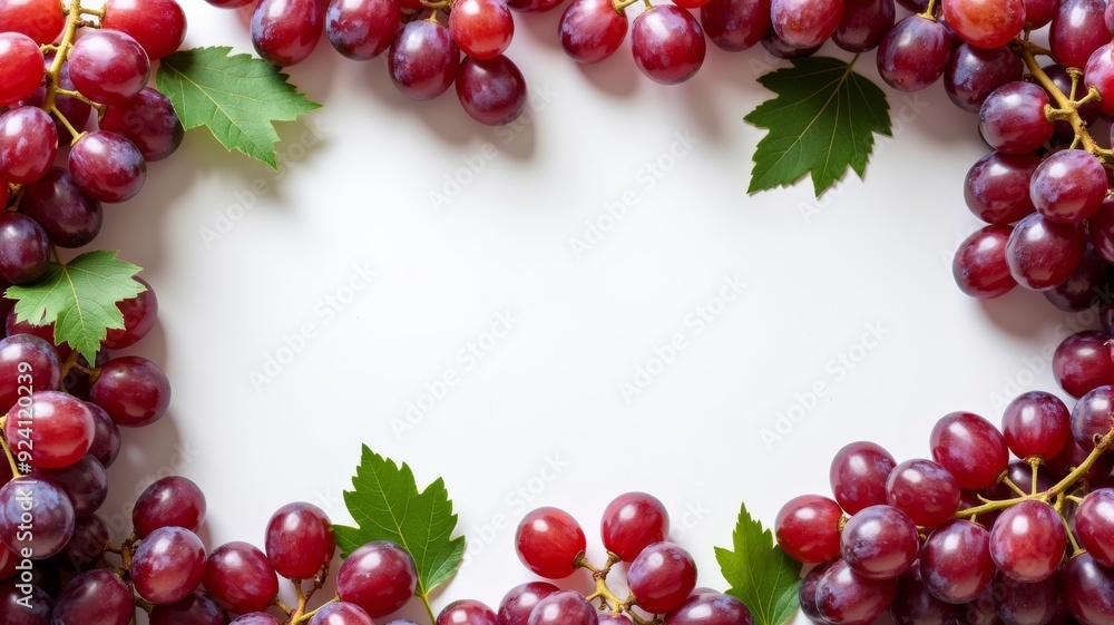 Fresh Red Grapes with Green Leaves on White Background - Food and Healthy Eating Concept Fresh Red Grapes with Green Leaves on White Background - Food and Healthy Eating Concept