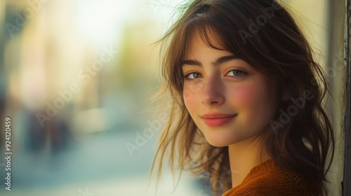 Young woman with long hair smiling gently in natural light. Warm tones and soft background blur creating a serene ambiance.