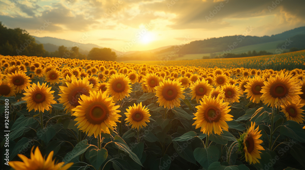 Obraz premium champ de tournesol avec un soleil couchant.
