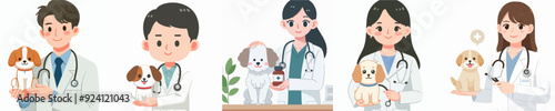 vector set Veterinarian holding dog