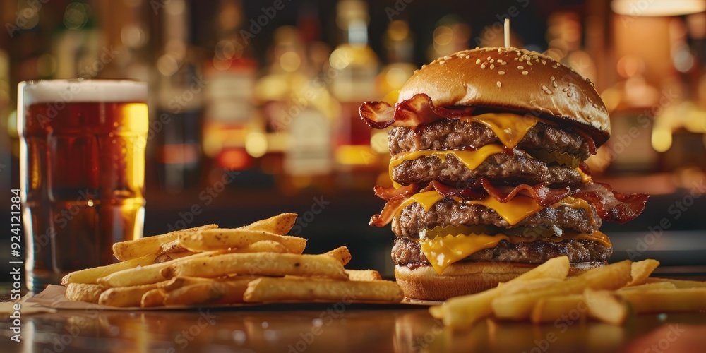 Bacon double cheeseburgers and fries paired with drinks on a bar Bacon double cheeseburgers and fries paired with drinks on a bar